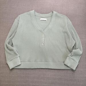Abercrombie & Fitch sage green oversized cropped top ribbed henley V neck shirt